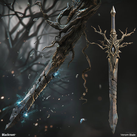 Fantasy illustration of a sword in the forest. 3d renderingの素材