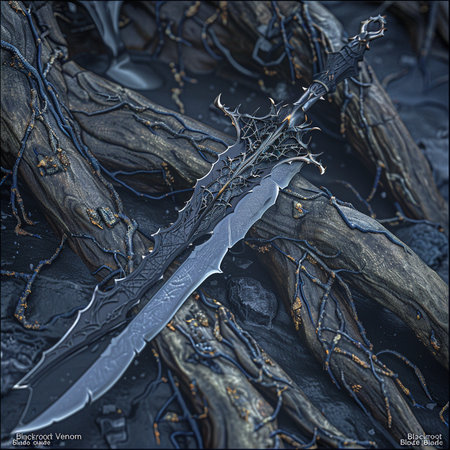 3D illustration of a fantasy sword in the dark with some rootsの素材