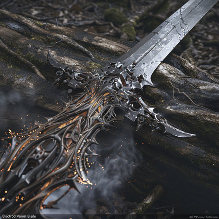 3d illustration of a fantasy sword in the forest with fire and smokeの素材