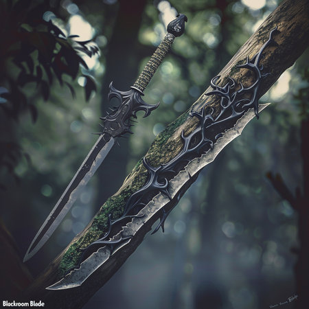 Medieval sword in the forest. Fantasy and fantasy concept. 3D Renderingの素材