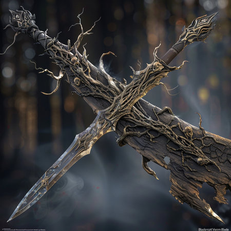 3d rendering of a fantasy sword in a dark forest with smokeの素材