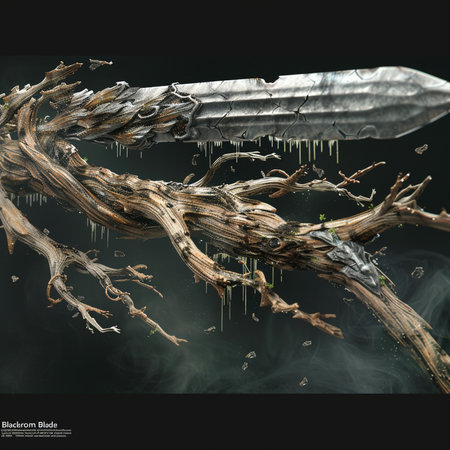 3D illustration of a fantasy sword with a sharp blade stuck in a tree.の素材