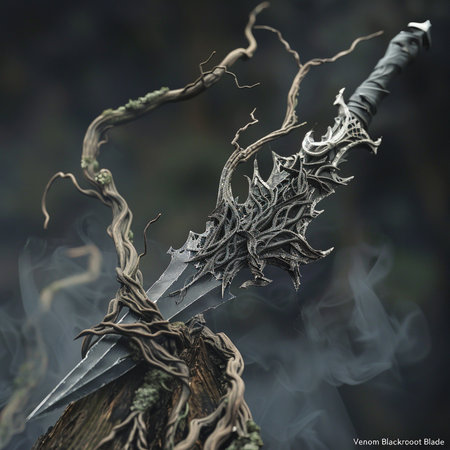 The blade of a medieval sword in the forest. 3d rendering.の素材