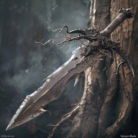 3d rendering of a fantasy sword in a dark forest.の素材