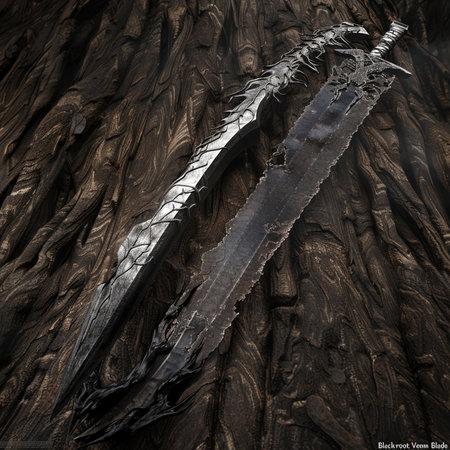 3D illustration of a fantasy sword on a wooden background with copy spaceの素材