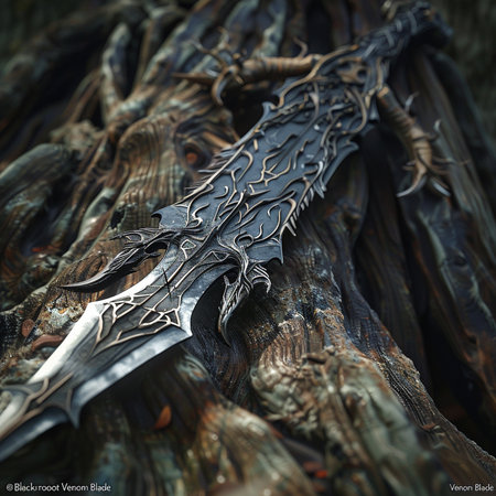 3d illustration of a fantasy sword in the forest, close-upの素材
