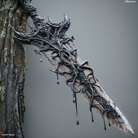 3D illustration of a fantasy sword with sharp blade and sharp teeth.の素材