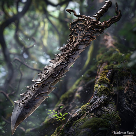 3D illustration of fantasy medieval sword in the forest. Fantasy conceptの素材