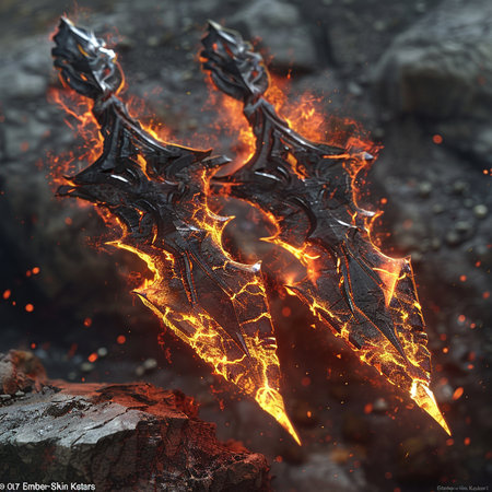 3d illustration of a fantasy dragon with a sharp blade in the fireの素材