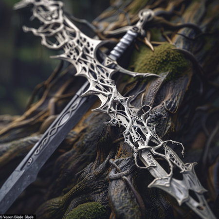 Close up of two fantasy swords in forest. 3D Renderingの素材