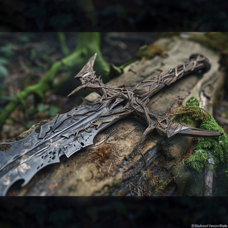 3d illustration of a fantasy dagger in the forest. Selective focus.の素材