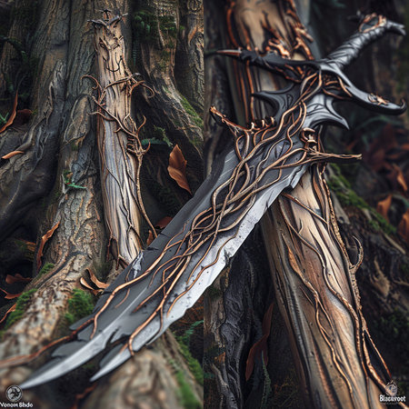 Fantasy 3D illustration of a pair of knives in the forest.の素材