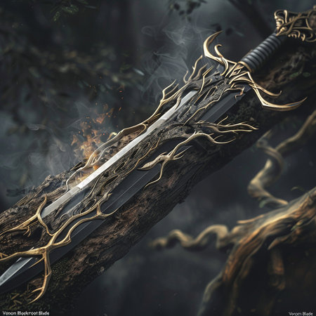 3D illustration of a fantasy sword in the forest. Fantasy design.の素材