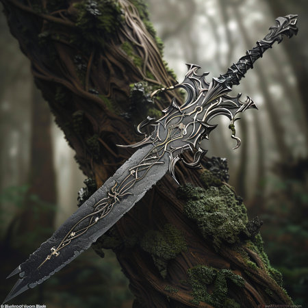 3d illustration of medieval sword in the forest. Fantasy theme.の素材