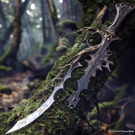 Fantasy fantasy sword in the forest. 3d render illustration.の素材