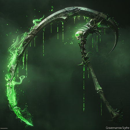 Digital illustration of a scythe in a dark background with smokeの素材