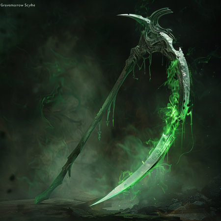 Fantasy illustration of a scythe in green and black.の素材