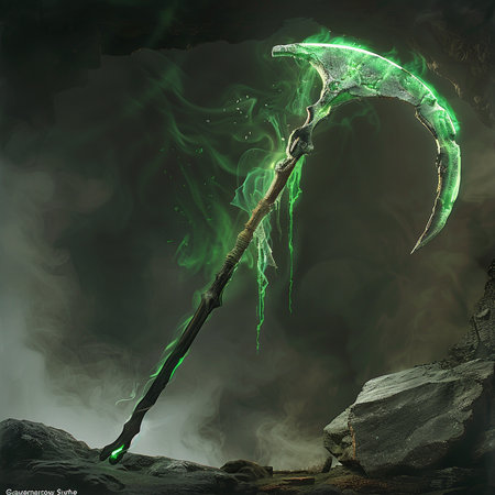 Green scythe on a dark background. 3D rendering.の素材