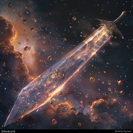 3d rendering of a crystal sword in space with stars and planets.の素材