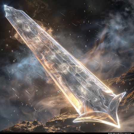 Fantasy crystal sword in the night sky. 3D illustrations.の素材