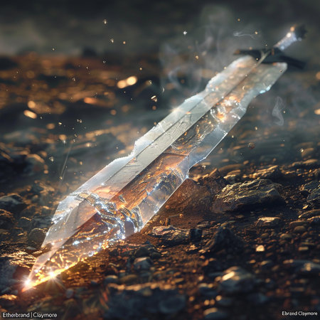 Digital illustration of a crystal sword in the dark. 3d renderingの素材