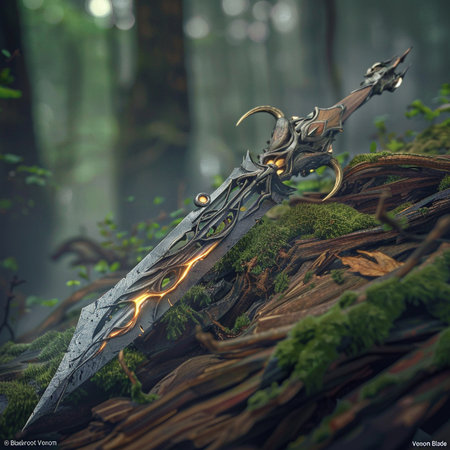 3D illustration of a fantasy fantasy medieval sword in the forest.の素材