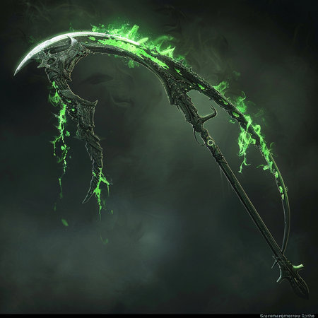 3d illustration of a scythe in a green space.の素材