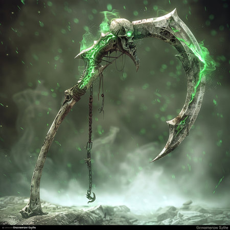 Fantasy illustration of an old scythe in the dark forestの素材