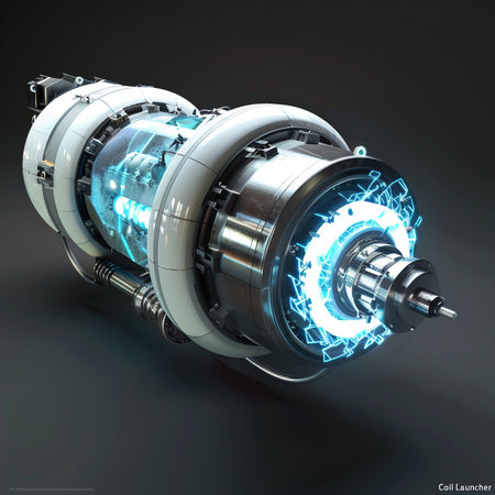 3d illustration of a jet engine with blue lights in the backgroundの素材