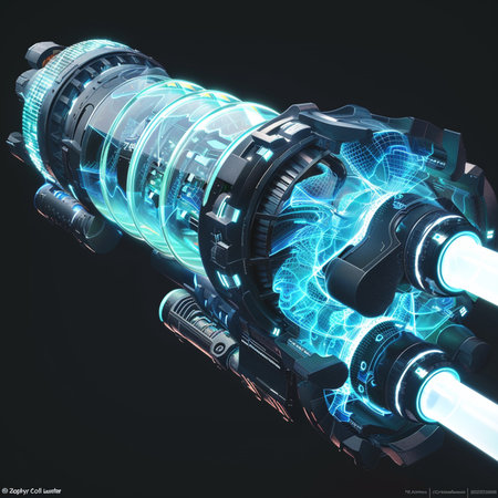 3D rendering of a powerful electric motor with blue neon lights.の素材