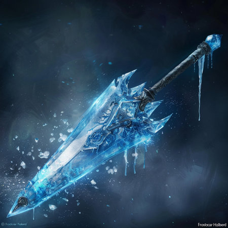 Digital illustration of a fantasy sword against a dark background with ice.の素材