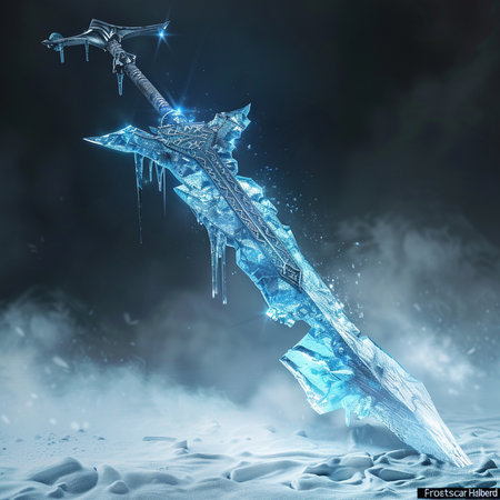 3D illustration of an ice figure in the snow with an axの素材