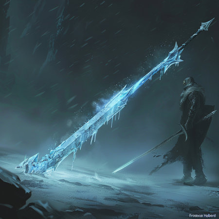 Fantasy landscape with sword and icicles, 3d illustration.の素材