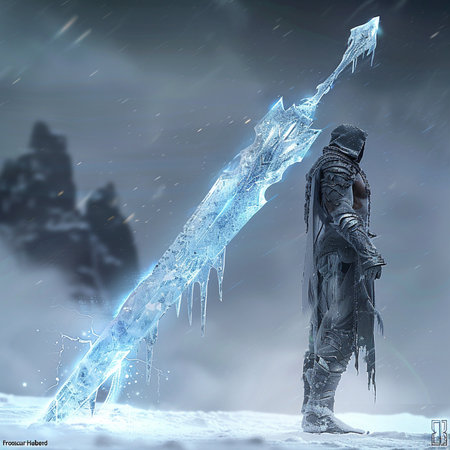 Warrior in the snow with a spear. 3d illustration.の素材