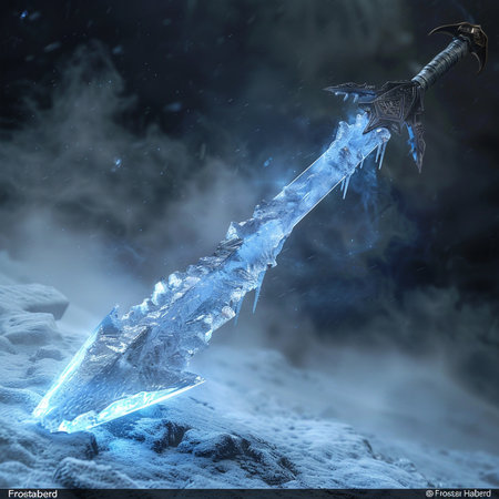 Digital illustration of an ice sword in the snow. 3d renderingの素材