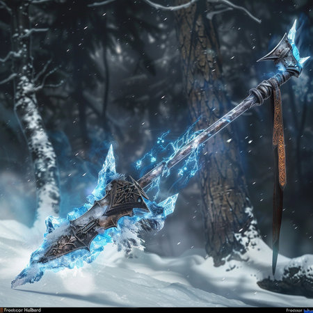 Fantasy illustration of a medieval sword in the snowy forest. 3D renderingの素材