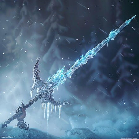Fantasy illustration with fantasy sword in the snow. 3d renderingの素材