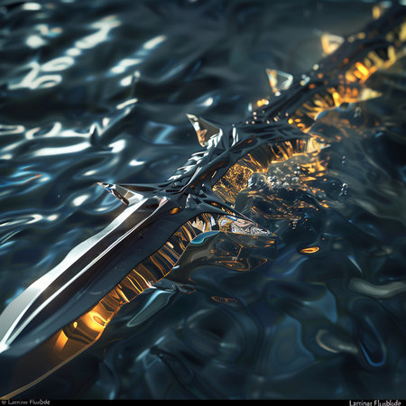 3d illustration of a sword in the water. 3d renderingの素材
