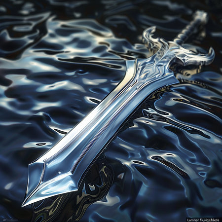 3d rendering of a sword in the water with some reflections.の素材