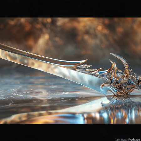 3d rendering of a silver sword in the water with a reflectionの素材