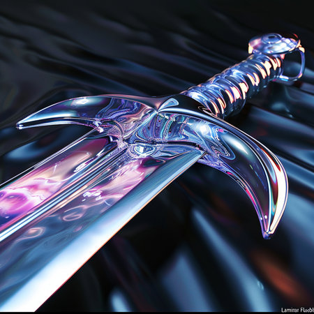 3D illustration of a fantasy sword with a reflection in the waterの素材