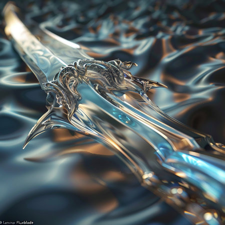 3D illustration of a fantasy dragon with a curved blade in the waterの素材