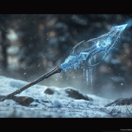fantasy illustration with a fantasy sword in the snow. 3d renderingの素材