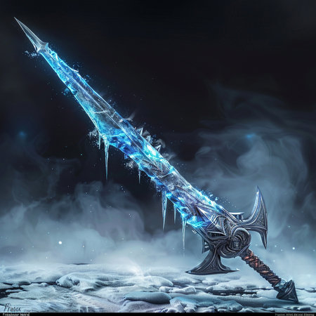Fantasy crystal sword in the snow. 3D rendering. Computer digital drawing.の素材