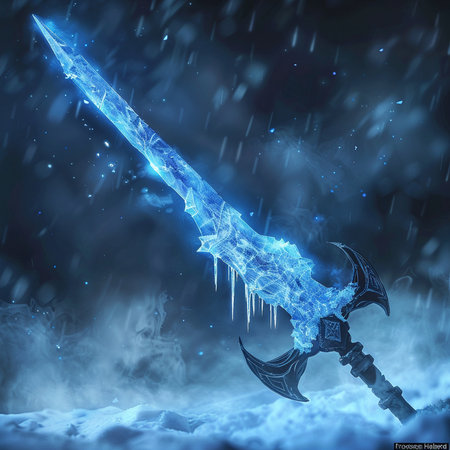 3D rendering of a fantasy sword in the snow with iciclesの素材