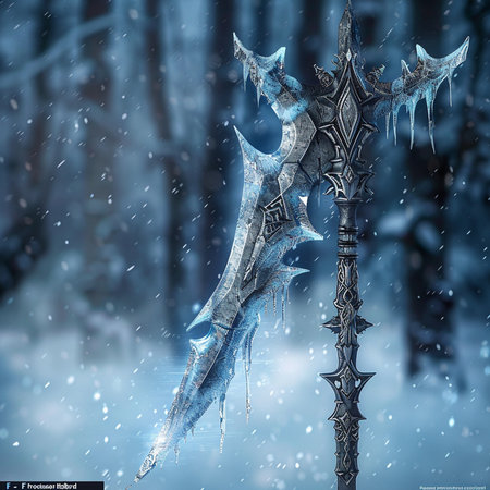 3D fantasy illustration of a fantasy sword in a snowy forest.の素材