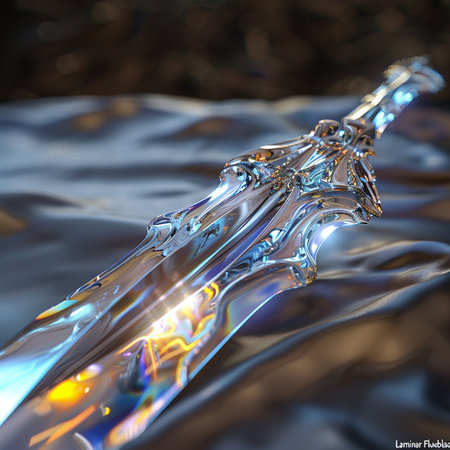 abstract scene of a crystal sword on a blue background with reflectionの素材