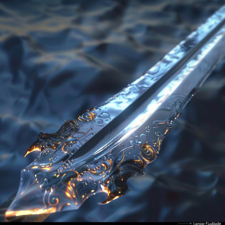 3d render of a sword in the water. 3d illustrationの素材