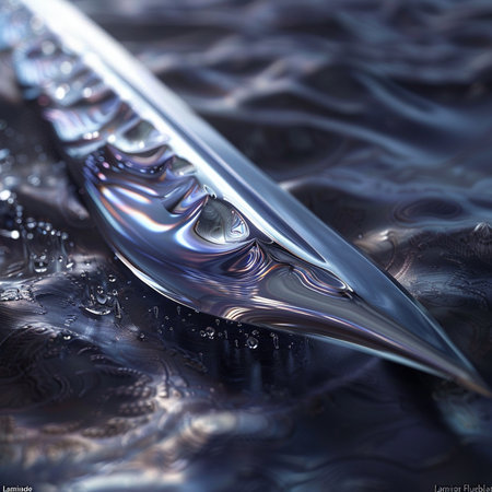 3D illustration of a metal sword in water with some reflections.の素材