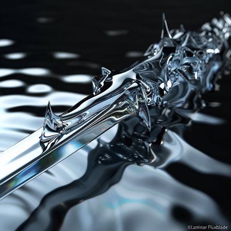 3D illustration of a crystal sword in water with reflection on itの素材